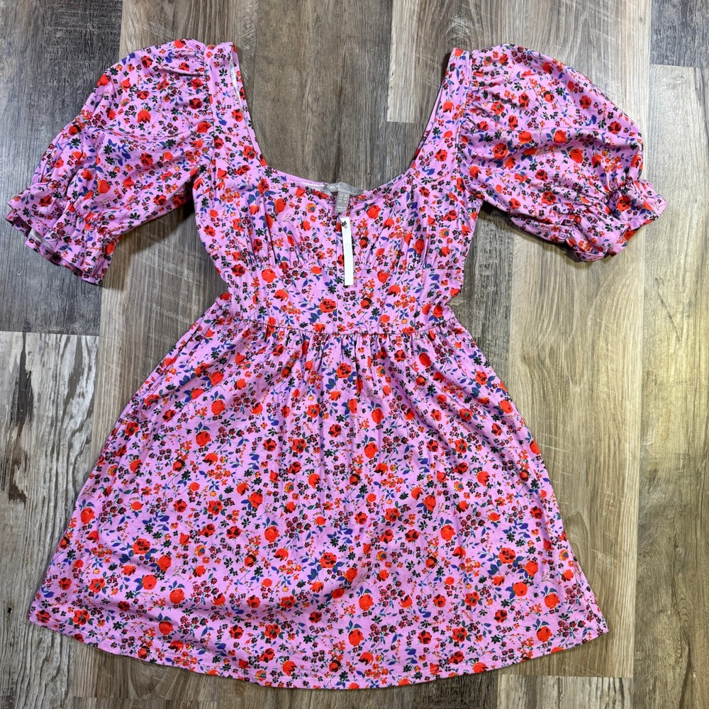 NWT ASOS Ruched Bust Mini Skater Coquette Dress Puff Sleeve Ditsy Floral Women 8